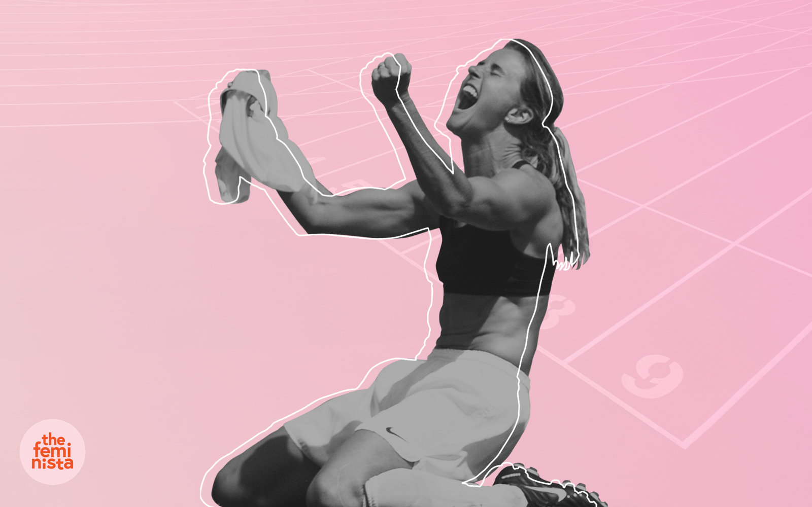Women's soccer player celebrating a goal with arms up on her knees on a pink background with The Feminista logo 