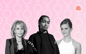 Celebrities activists Jane Fonda, Yara Shahidi, and Emma Watson on a pink background with The Feminista logo