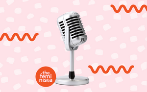 Microphone on pink background with The Feminista Logo featuring 8 feminist podcasts