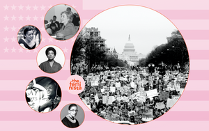 Famous American feminists to celebrate this fourth of July on a pink American flag background with The Feminista logo