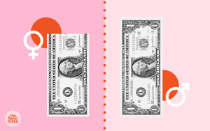 A male symbol next to a full dollar and a female symbol next to a dollar cut down to 82% of the length to illustrate the gender wage gap in 2021