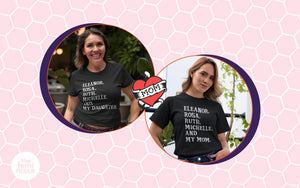 Two women wearing black feminist icon t-shirts for mother's day 2021 on a pink honeycomb background with The Feminista logo