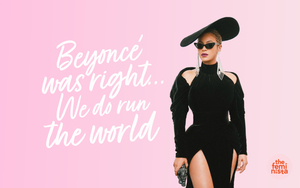 Beyoncé in sunglasses and a hat on a pink background with the words 