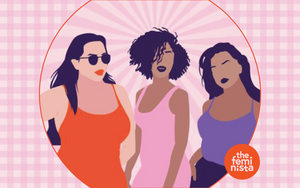 Illustration of three feminist girls of different sizes in dresses and tank tops on a pink background with The Feminista logo
