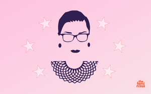 Silhouette of Ruth Bader Ginsburg and her iconic judge collar with stars and The Feminista logo on a pink background