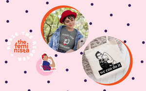 Photos of girls wearing Rosie the Riveter apparel from the Feminista on a pink background