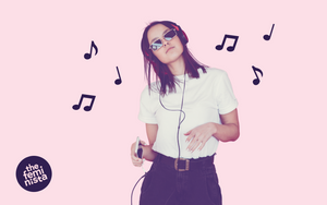 Girl dancing to Feminist Mix Tape on pink background