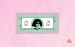 Illustration of a dollar bill with a woman on it on a pink background with The Feminista logo in the corner