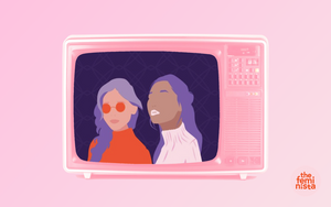 Pink TV with an illustration of two friends on screen on a pink background with The Feminista logo