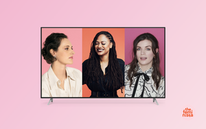 Female storytellers Phoebe Waller-Bridge, Ava DuVernay and Aisling Bea on a TV screen on a pink background with The Feminista logo