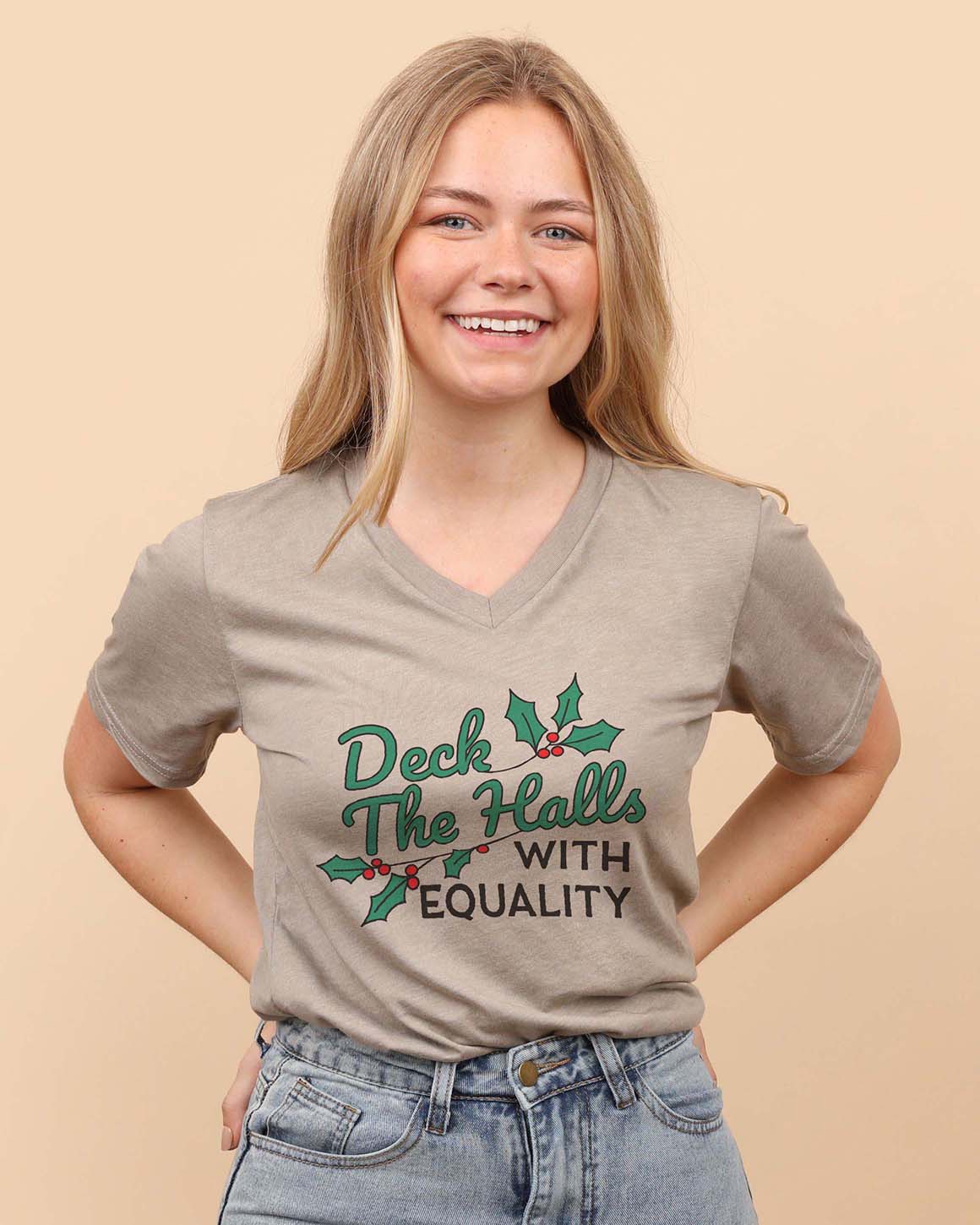 Feminist Christmas t-shirt that reads deck the halls with equality