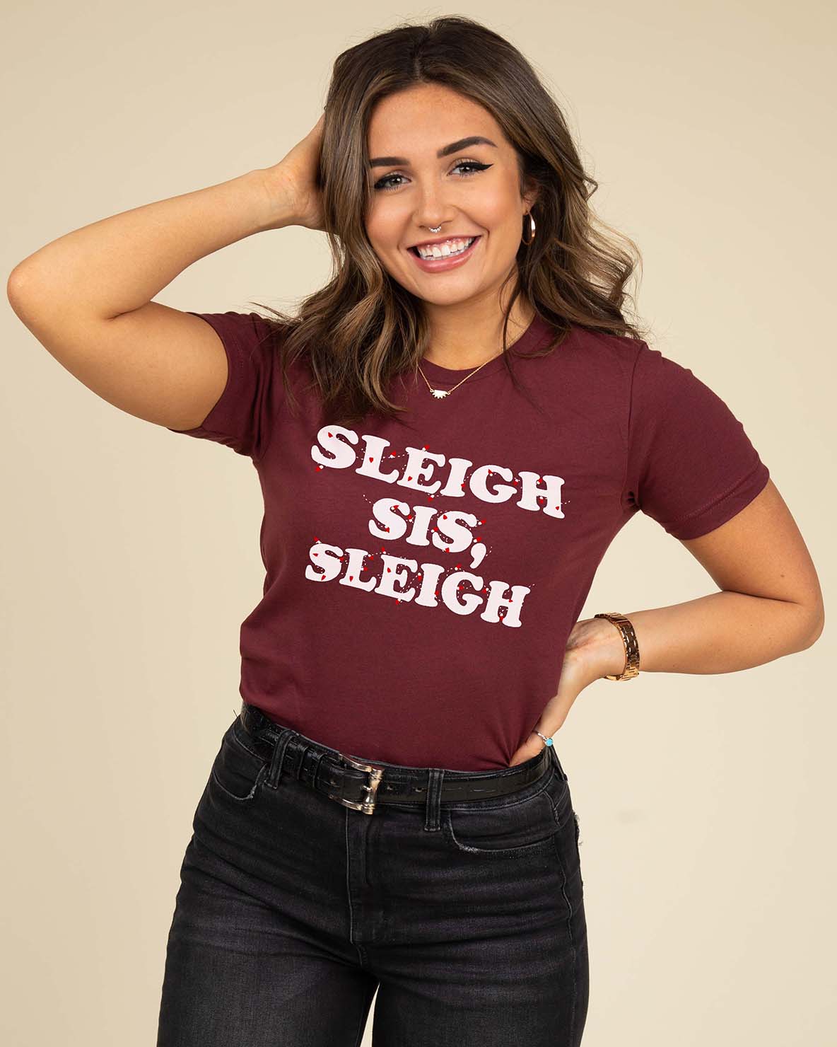 Feminist Christmas shirt that reads sleigh sis, sleigh