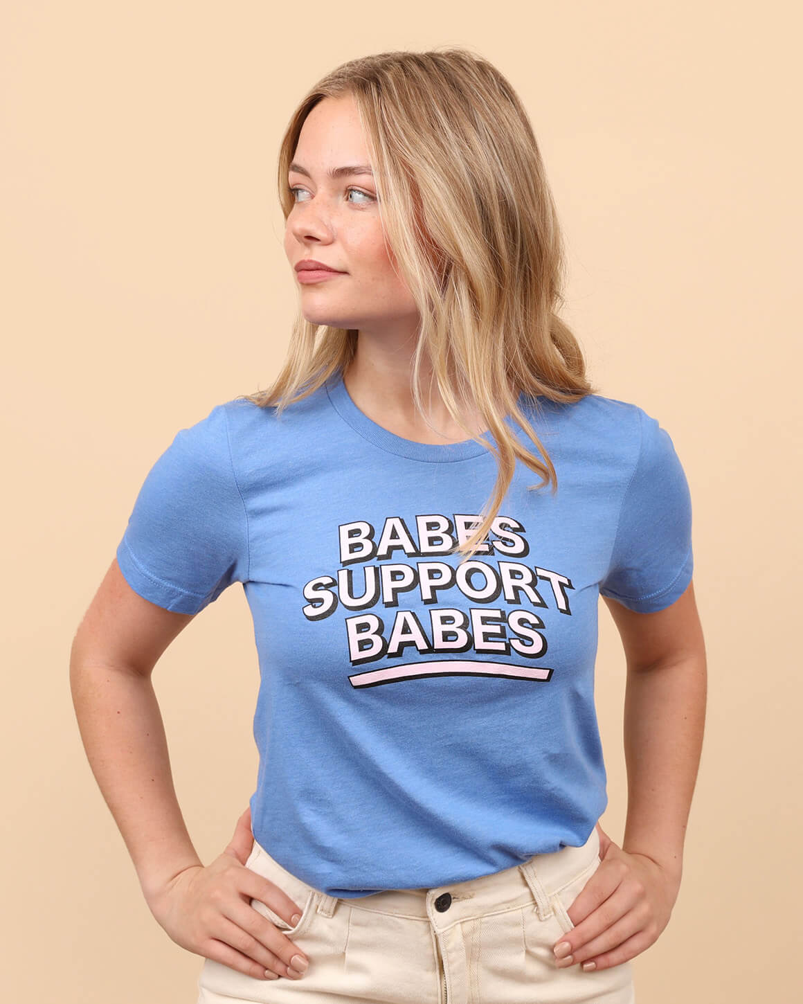 Woman in light blue babes support babes t-shirt