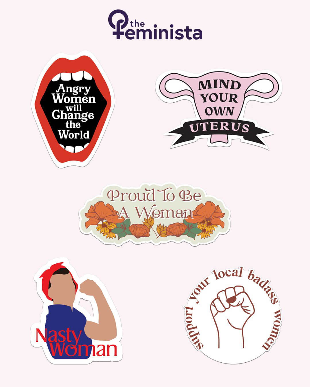 5 piece multi-color feminist sticker pack from The Feminista