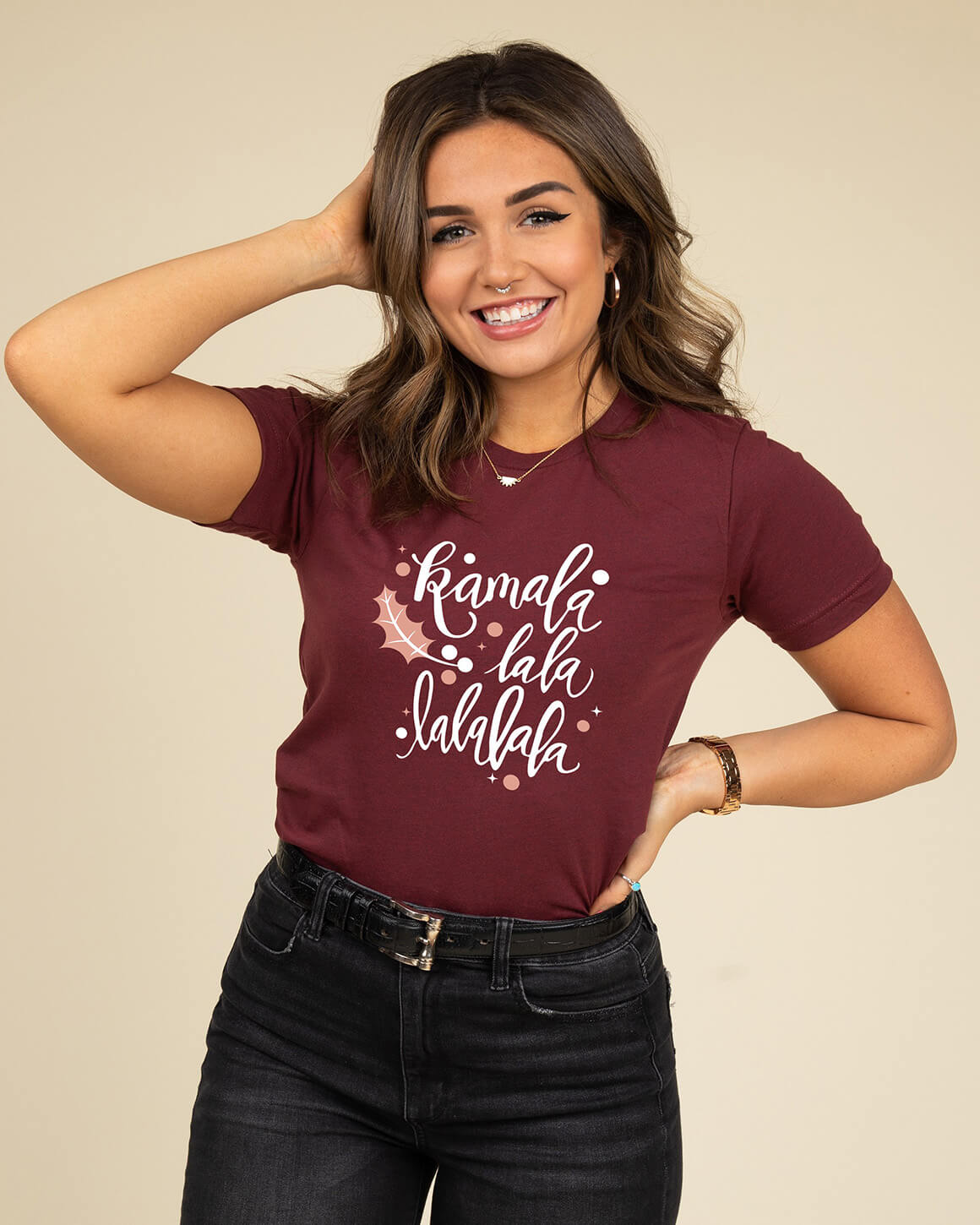 Kamala lala lalala Christmas shirt in maroon for feminists