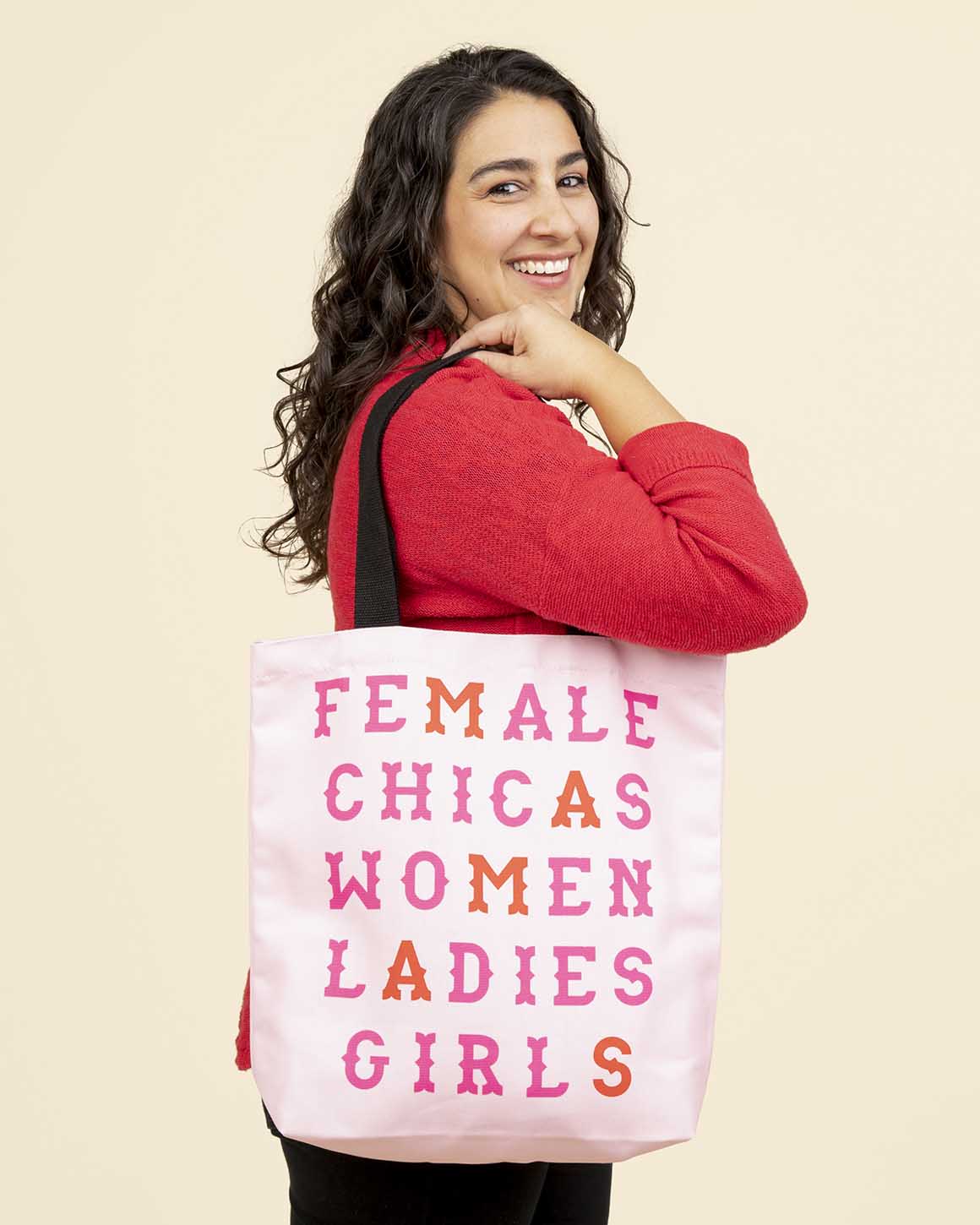 Women empowerment tote bag with Female Chicas Women Ladies Girls design in pink and red