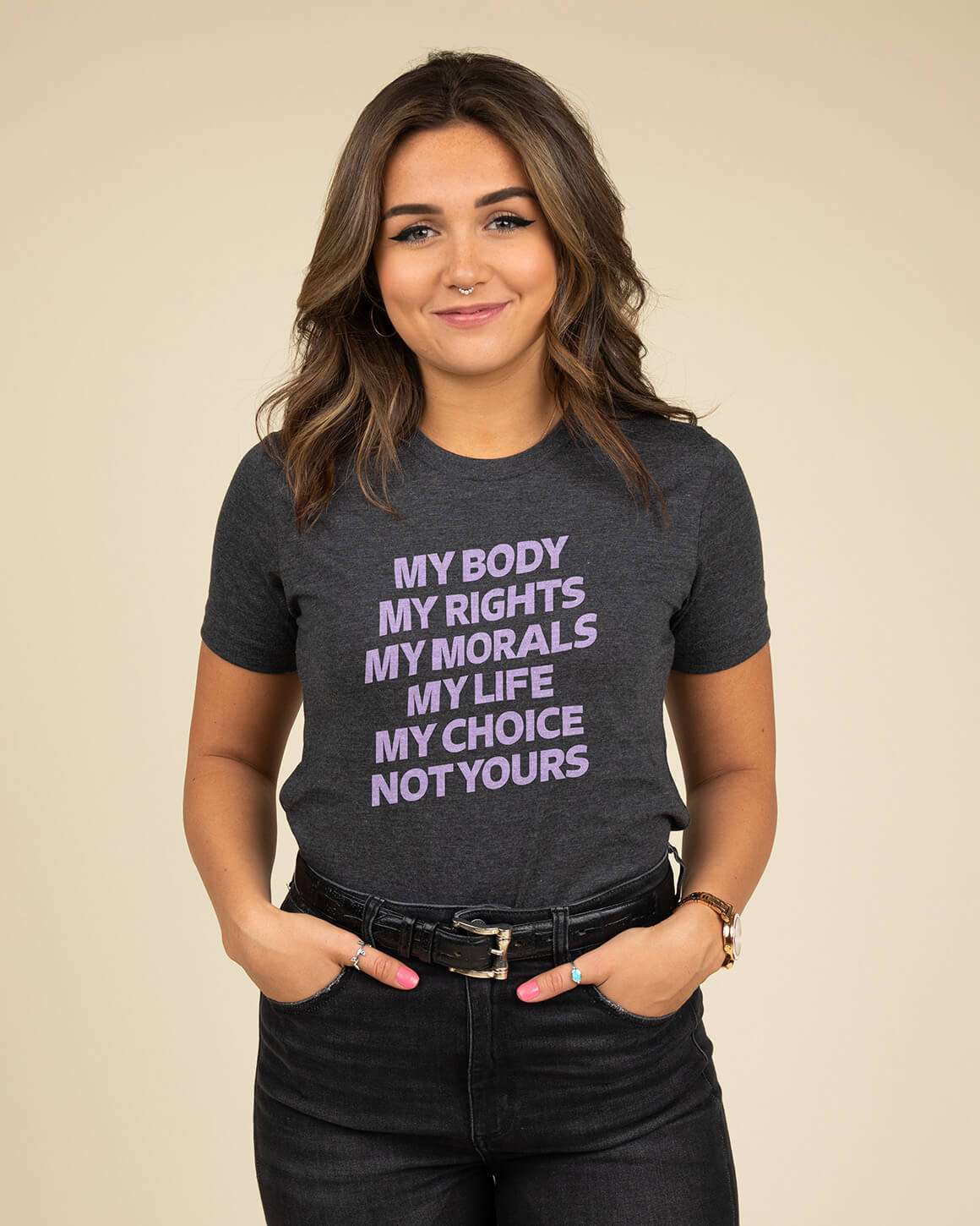 Gray feminist t-shirt with bold font and a strong women's rights message