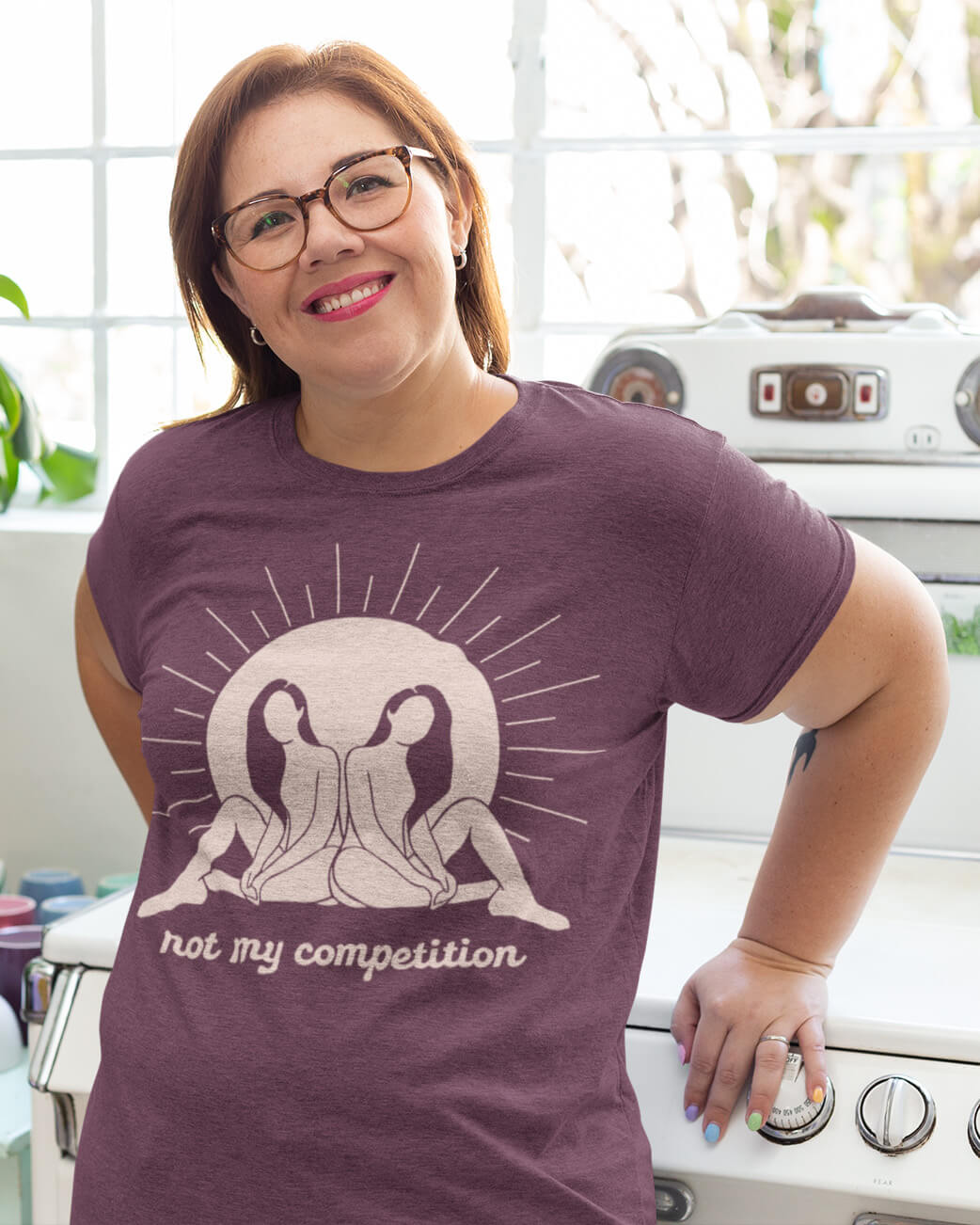 Woman smiling wearing not my competition feminine feminist t shirt