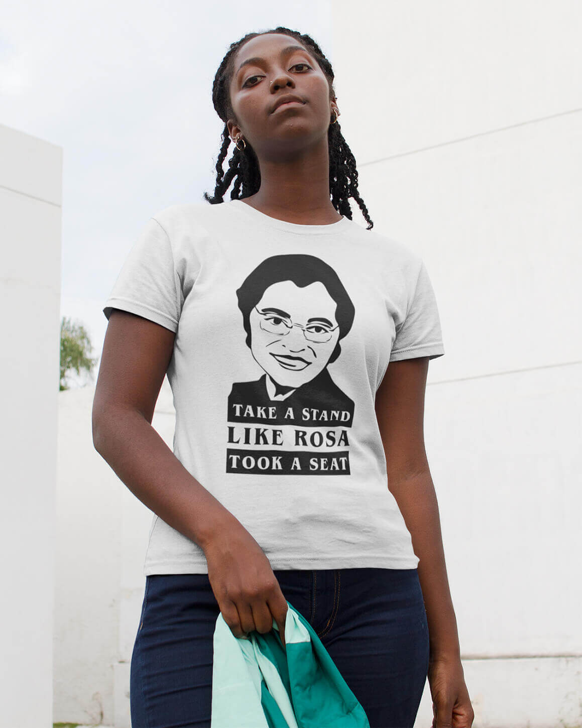 Young woman wearing a Rosa Parks t-shirt for Black History Month