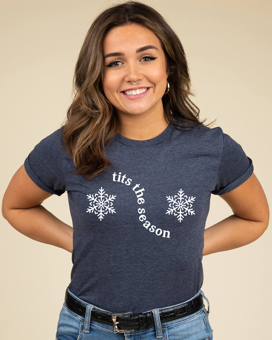 Woman smiling in body positive tits the season Christmas shirt
