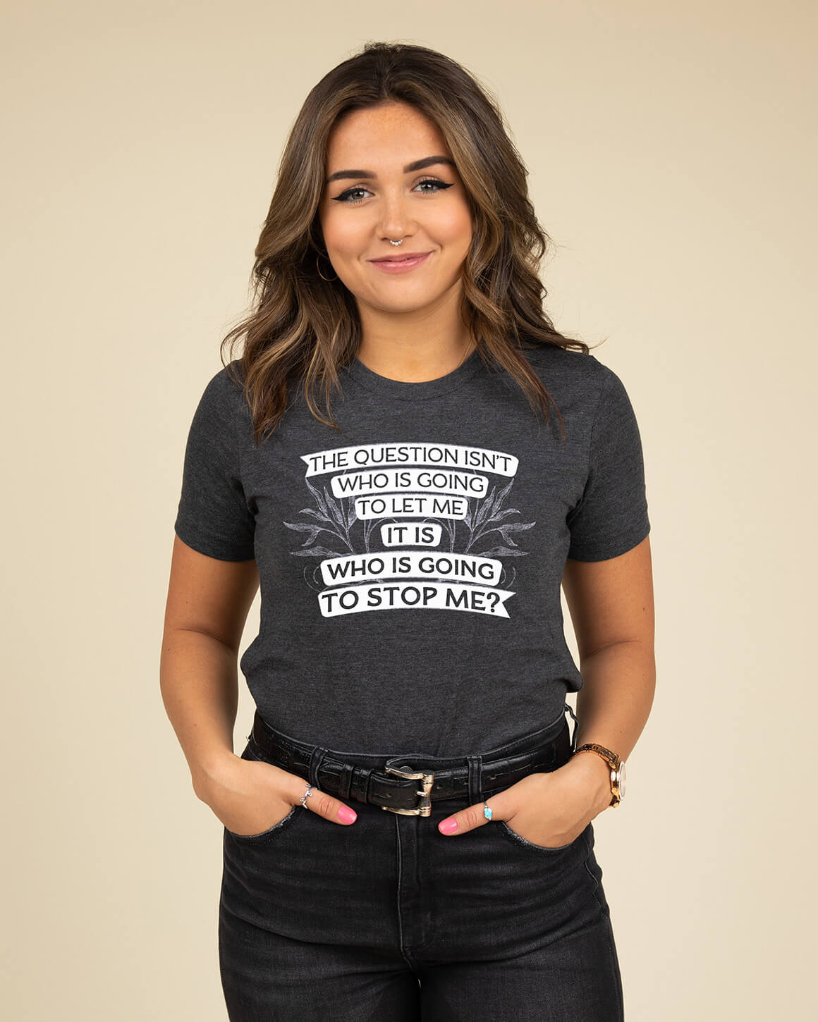 smiling woman in inspiring feminist t-shirt with white print