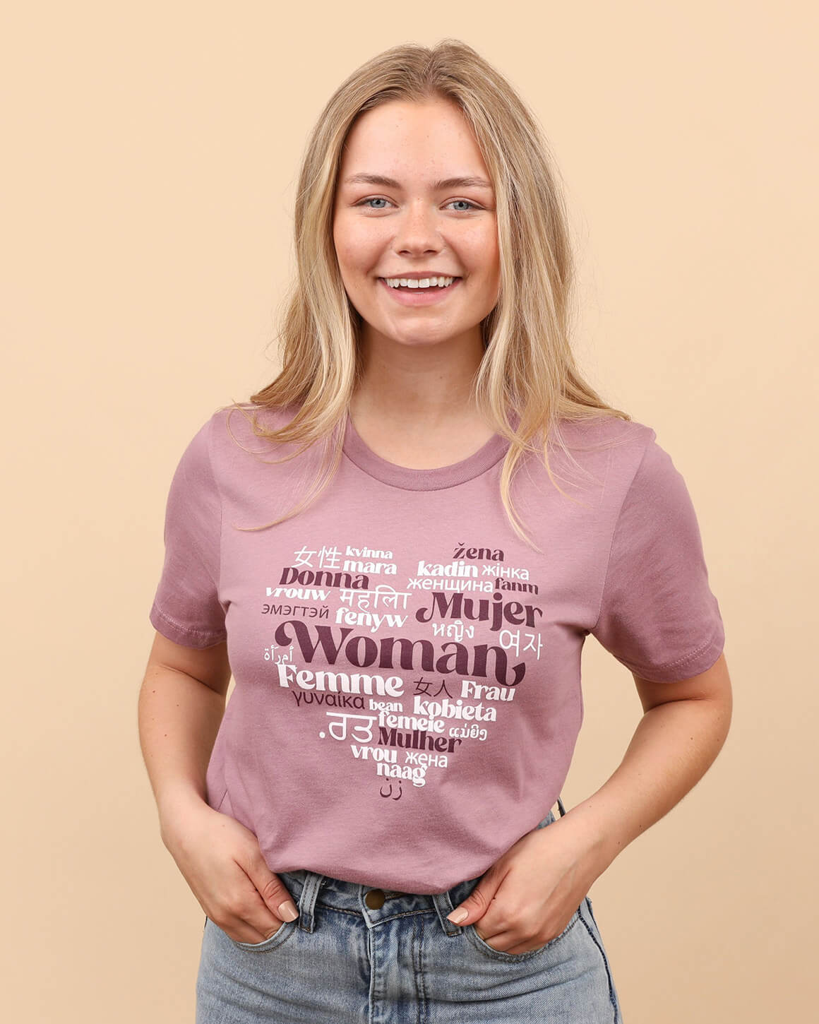 Feminist t-shirt with woman translated in over twenty languages